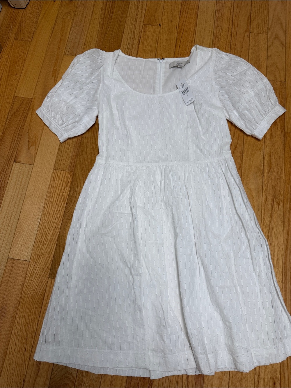 LOFT White Textured Puff-Sleeve A-Line Dress 0
